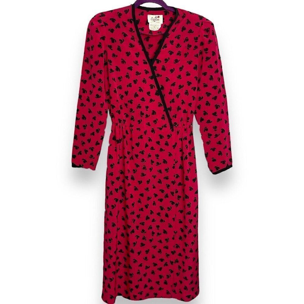 Caron Chicago A-Line Wrap Dress Women's Medium Pink Black Vintage Pockets Boho